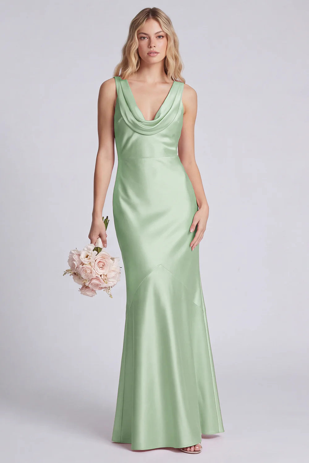 Eucalyptus Mermaid Cowl Neck Satin Long Bridesmaid Dress