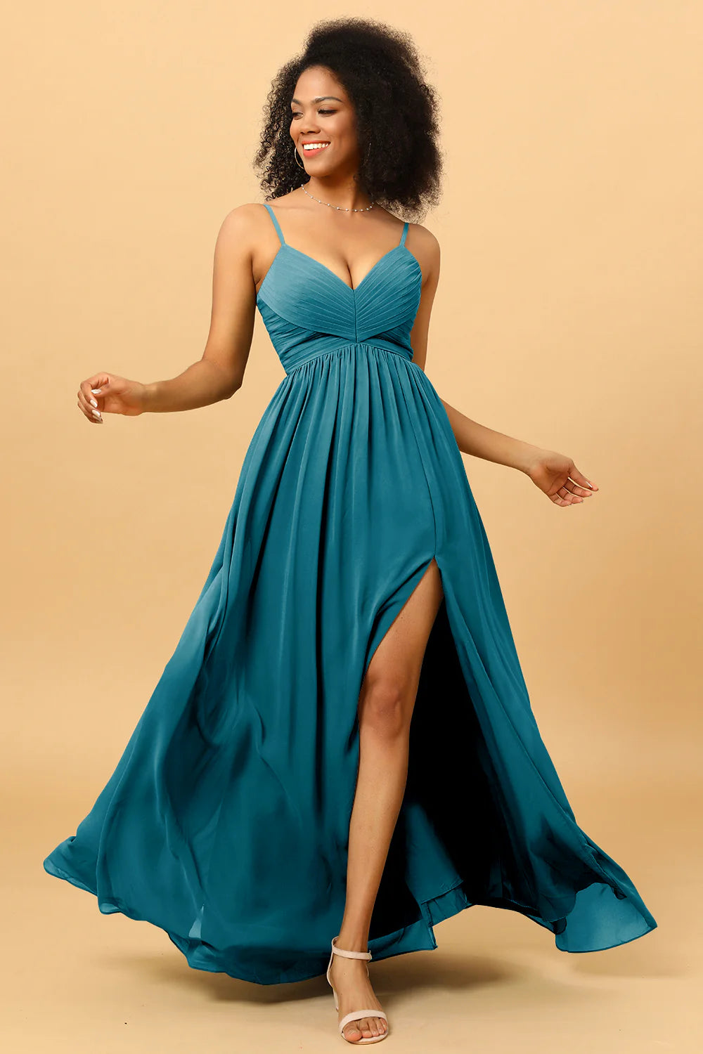 A Line Spaghetti Straps Ruched Long Chiffon Bridesmaid Dress with Slit