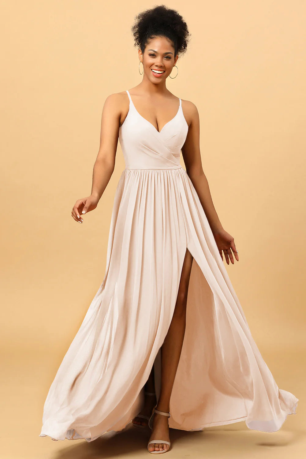 A Line Spaghetti Straps Ruched Long Chiffon Bridesmaid Dress with Slit