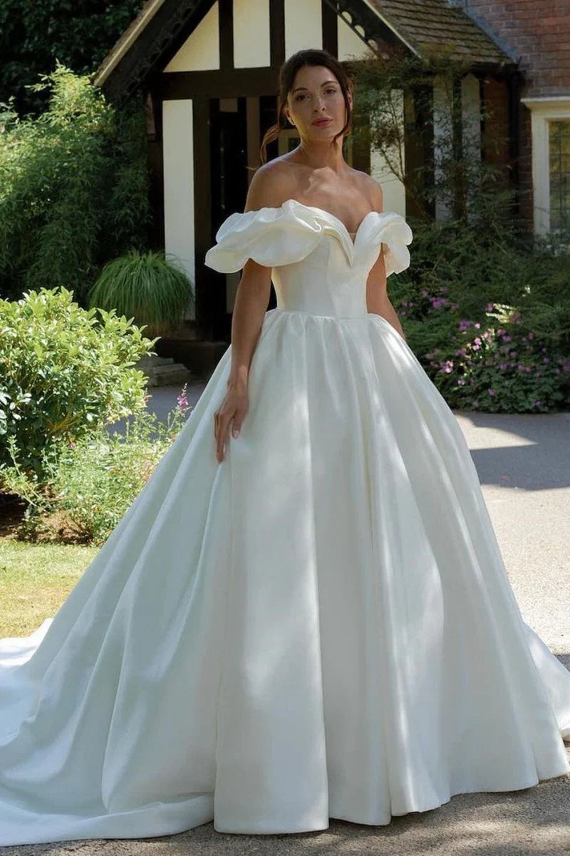White Puff Off the Shoulder V Neck Sweeping Long Wedding Dress