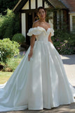 White Puff Off the Shoulder V Neck Sweeping Long Wedding Dress