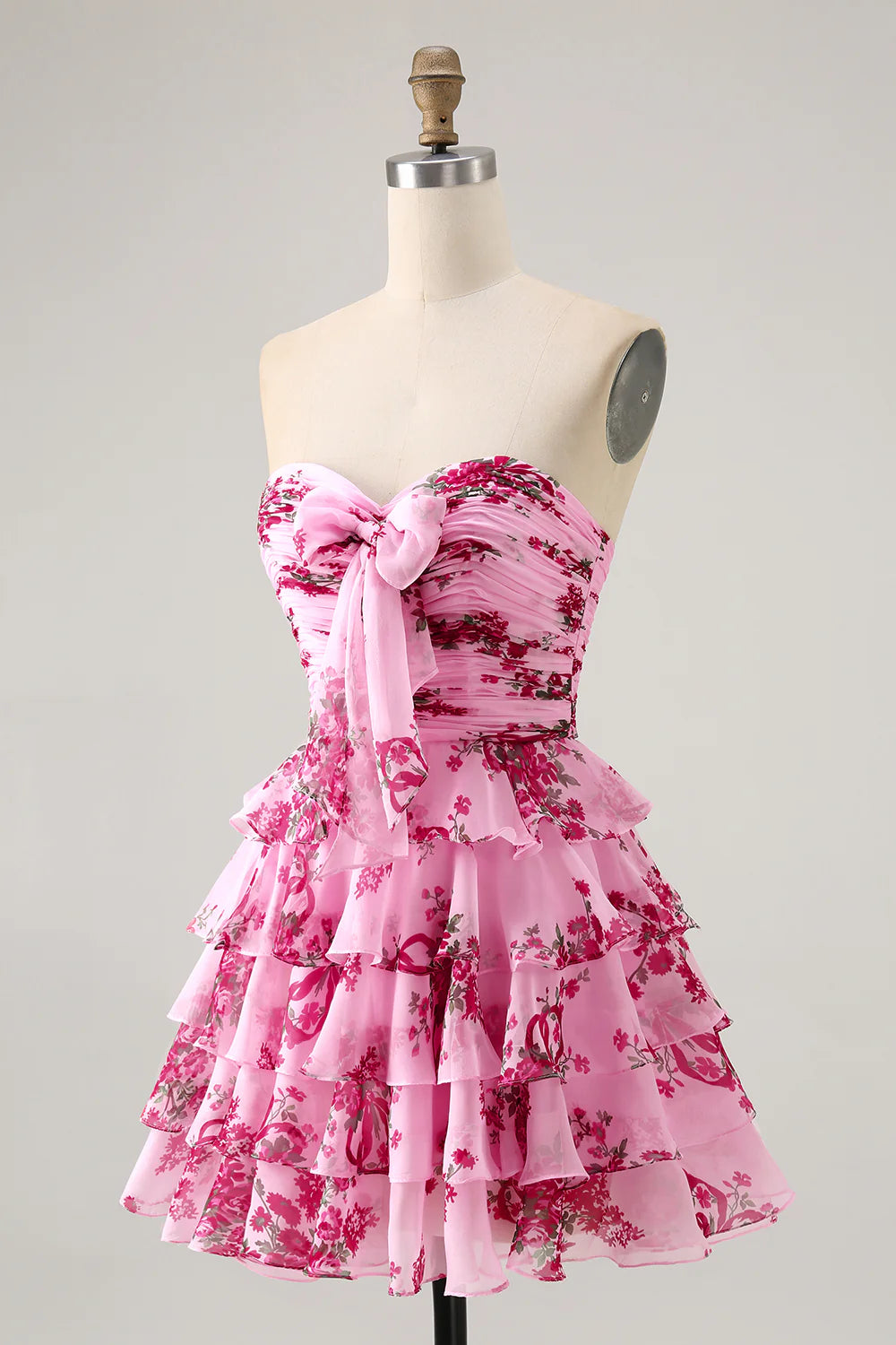 White Blue Flower A Line Strapless Tiered Short Homecoming Dress with Bow