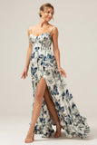 Blue Printed A Line Spaghetti Straps Pleated Long Bridesmaid Dress With Slit