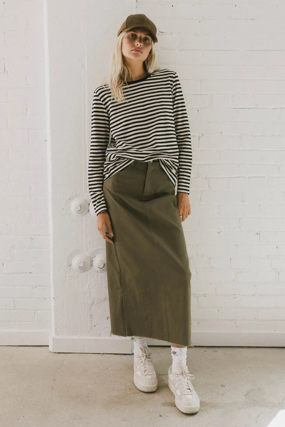 Rylie Denim Maxi Skirt in Olive FINAL SALE
