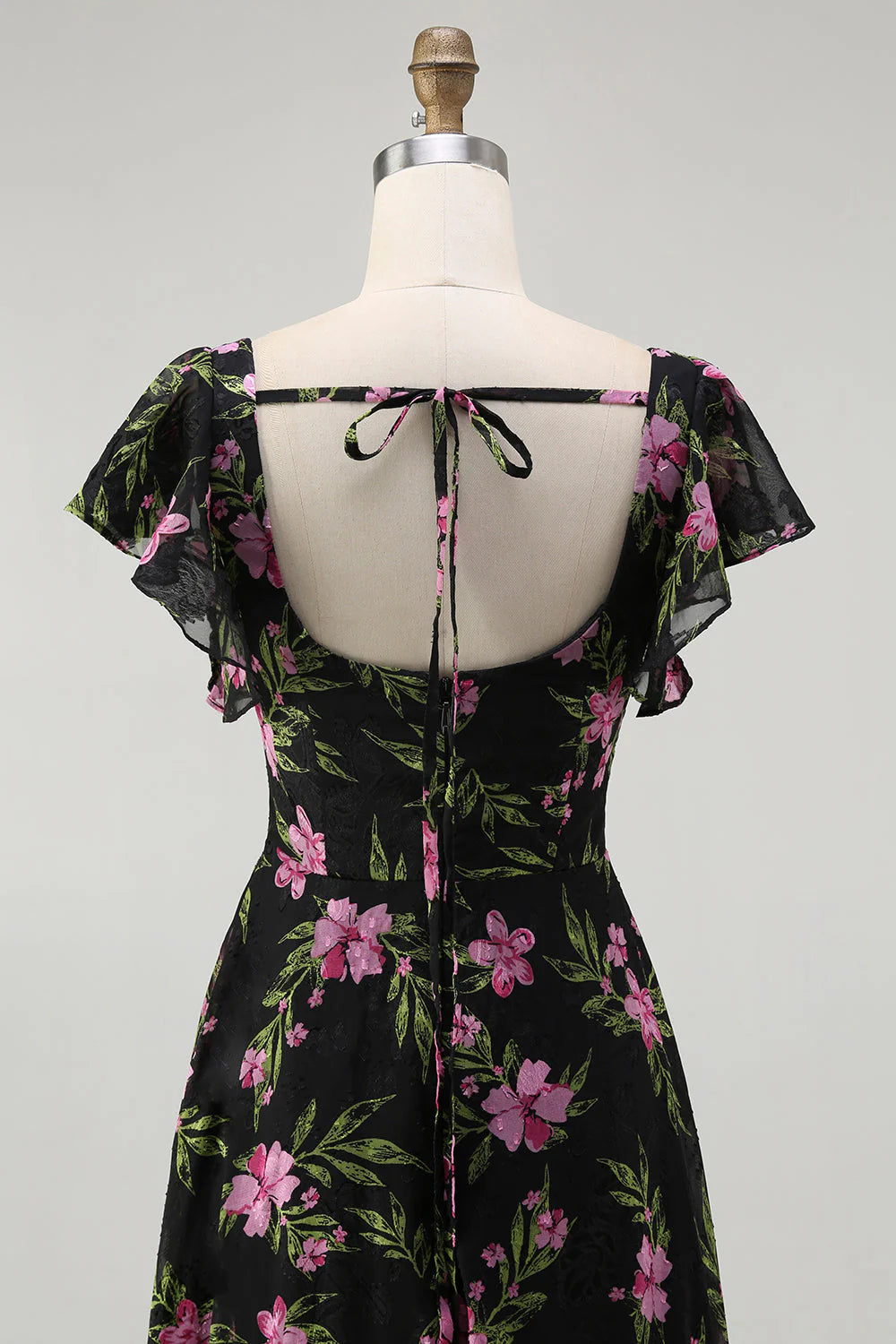 Black Pink Flower A Line Square Neck Printed Long Bridesmaid Dress with Flutter Sleeves