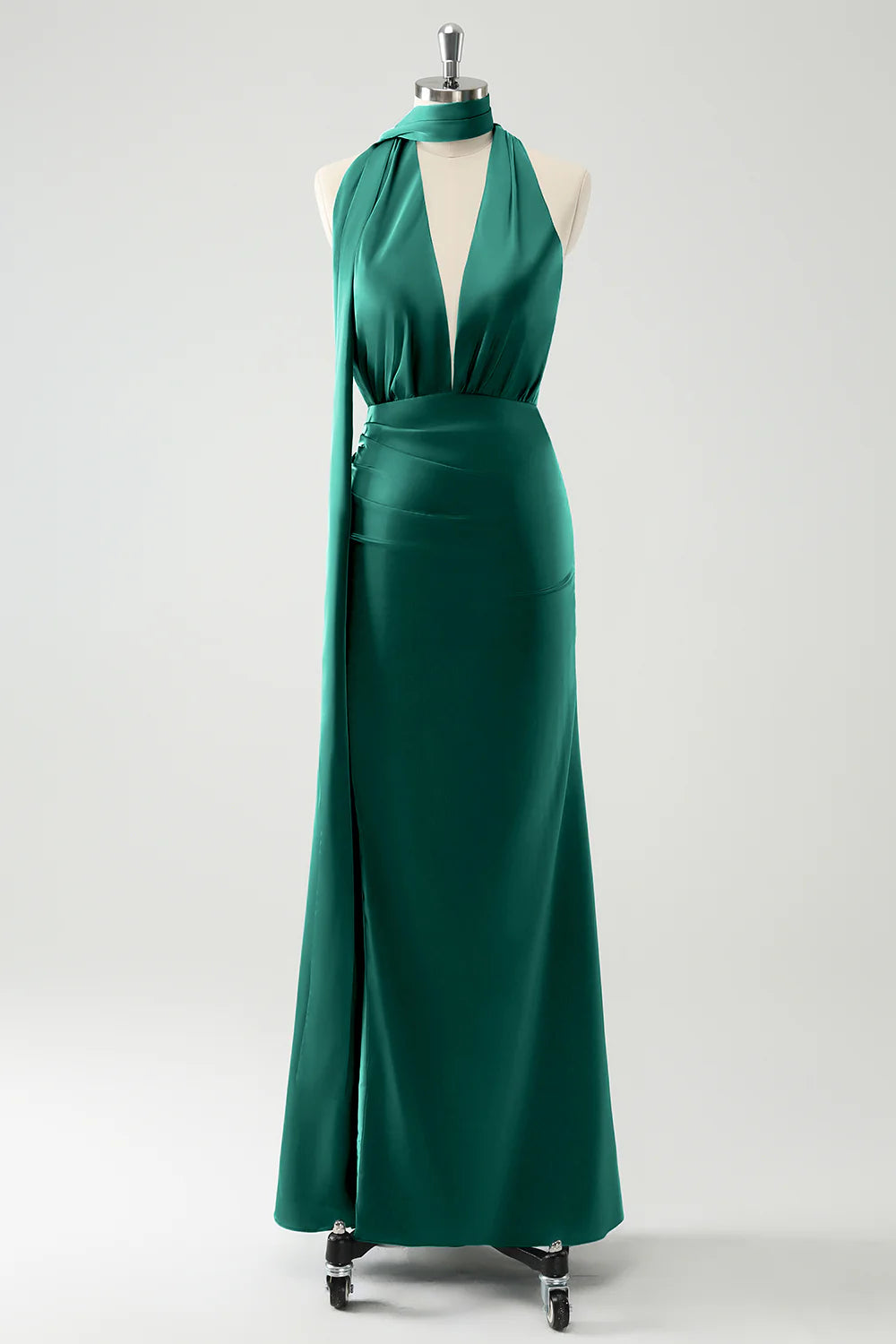 Burgundy Sheath Convertible Deep V Neck Ruched Long Bridesmaid Dress with Open Back