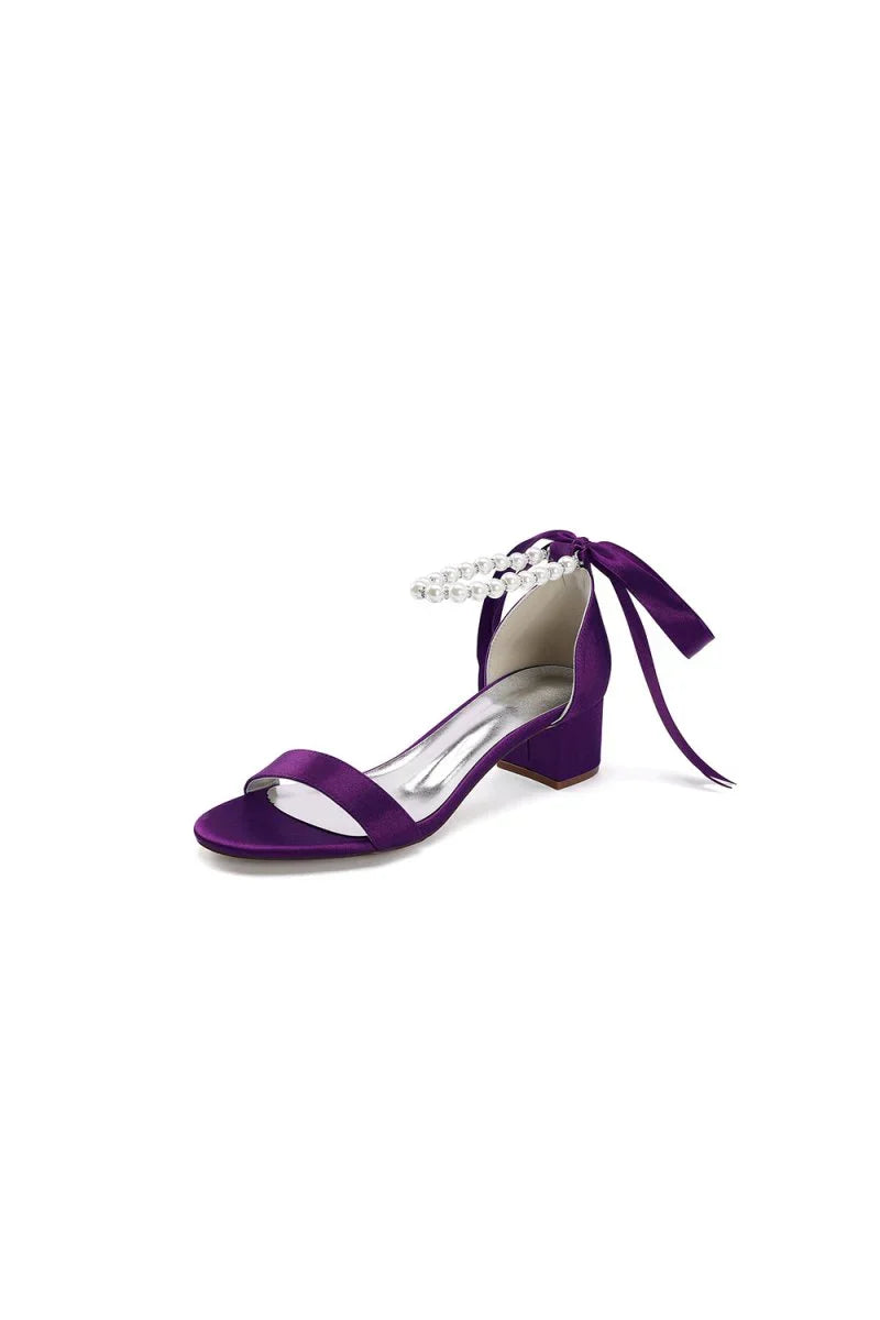 Block Heel Sandal Adorned with Pearl Ankle Band and Ribbon Bow