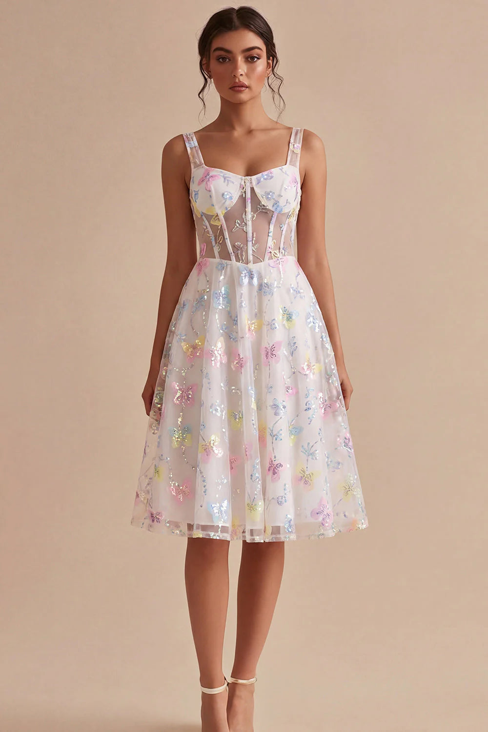 Floral White Corset Beaded A Line Graduation Dress