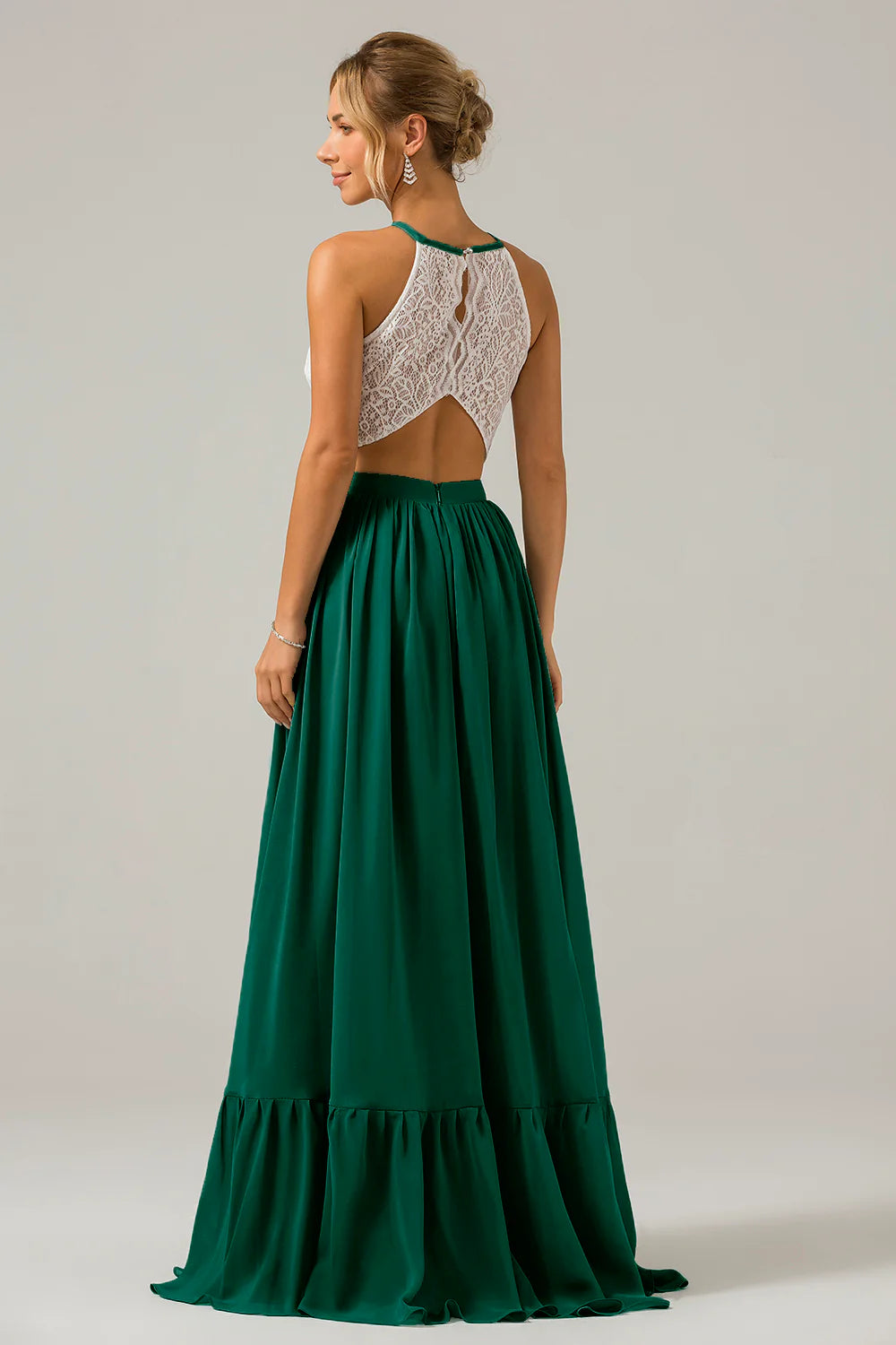 A Line Halter Pleated Keyhole Chiffon Bridesmaid Dress With Lace