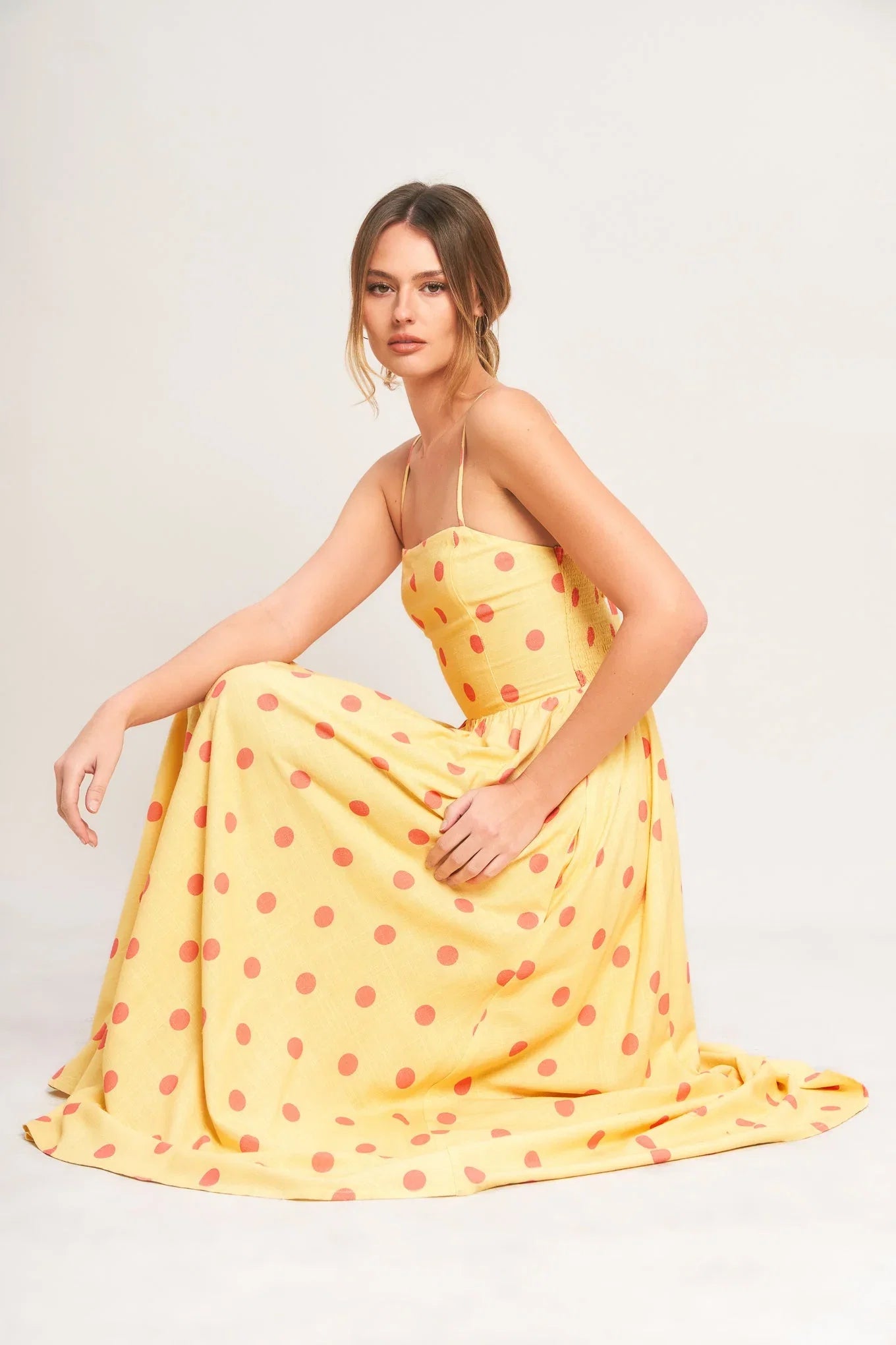 GOLDEN SUMMER POLKA DOT YELLOW MIDI DRESS
