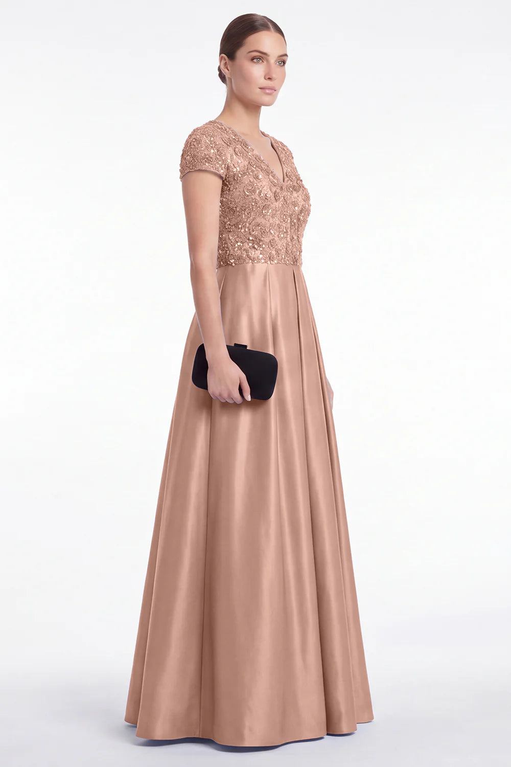 Champagne Sequin A Line V Neck Mother of the Bride Dress with Short Sleeevs
