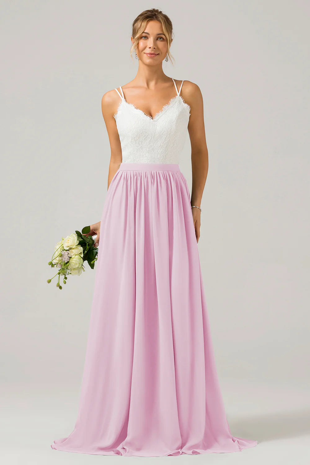 A Line Spaghetti Straps Pleated Long Bridesmaid Dress With Lace