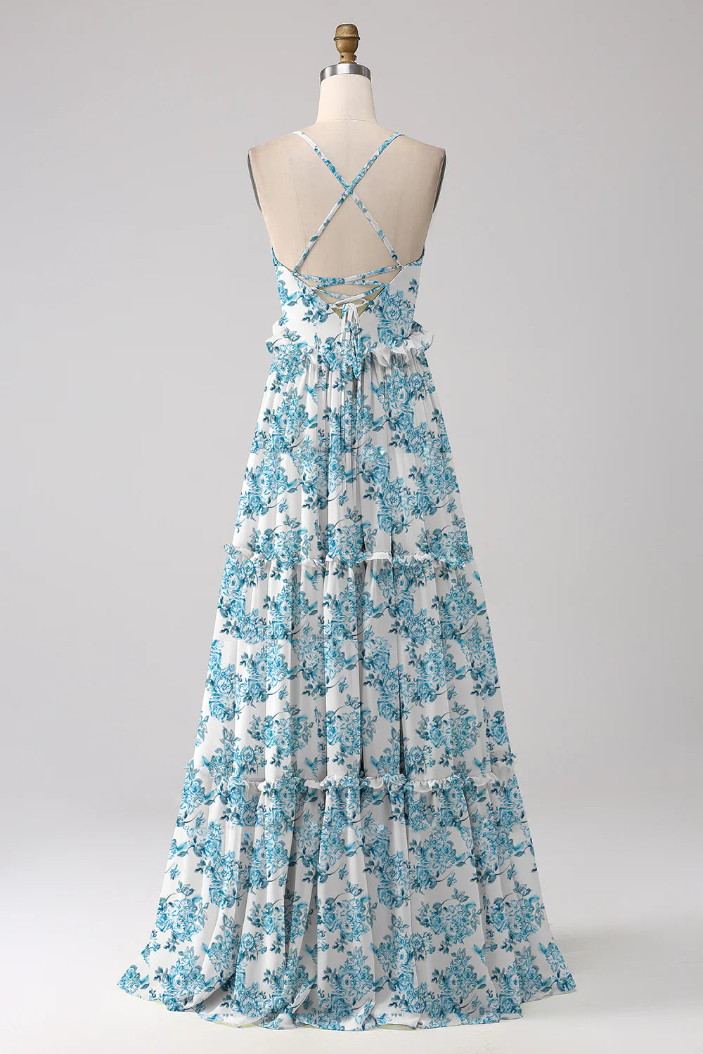 Blue Flower A Line Spaghetti Straps Backless Long Bridesmaid Dress With Ruffles