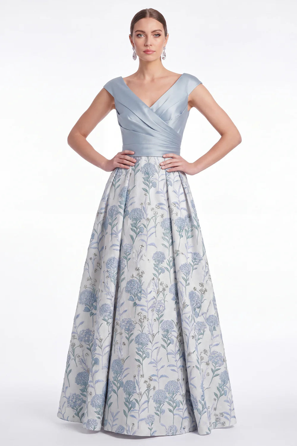 Blue Flower A Line V Neck Ruched Mother of the Bride Dress with Cap Sleeves