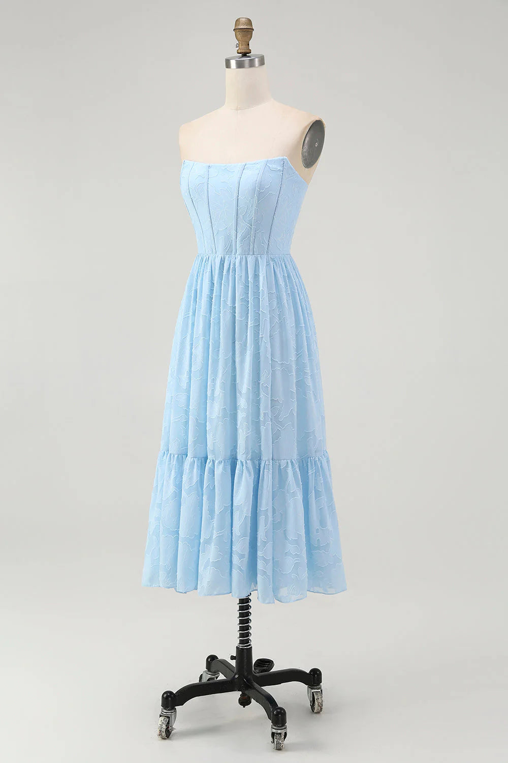 Strapless Sky Blue A Line Corset Midi Dress