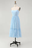 Strapless Sky Blue A Line Corset Midi Dress