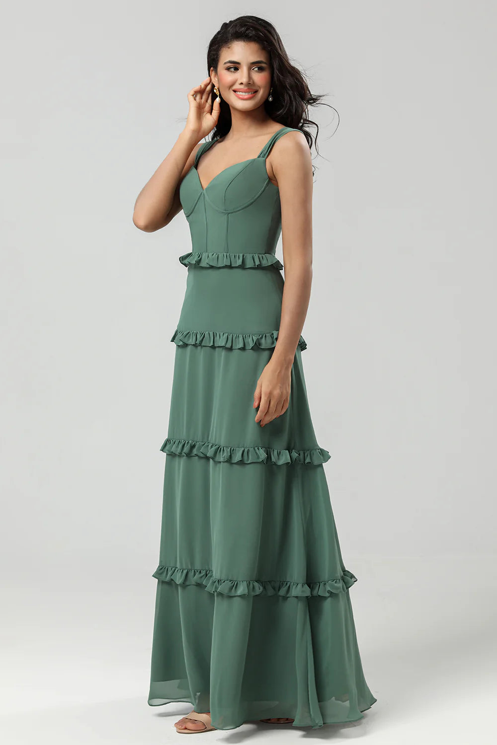 Elegant Eucalyptus A Line Spaghetti Straps Chiffon Long Bridesmaid Dress