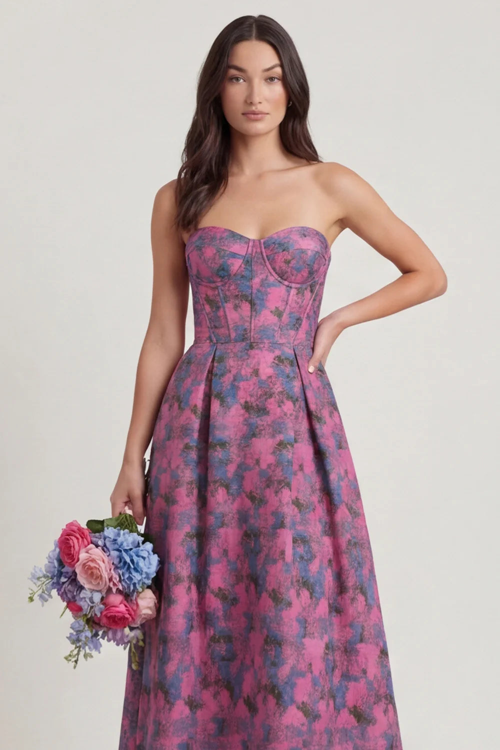 Fuchsia Strapless A Line Printed Corset Long Wedding Guest Dress