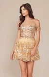 BRENNA MINI DRESS GOLD OFF SHOULDER TIERED SHORT DRESS