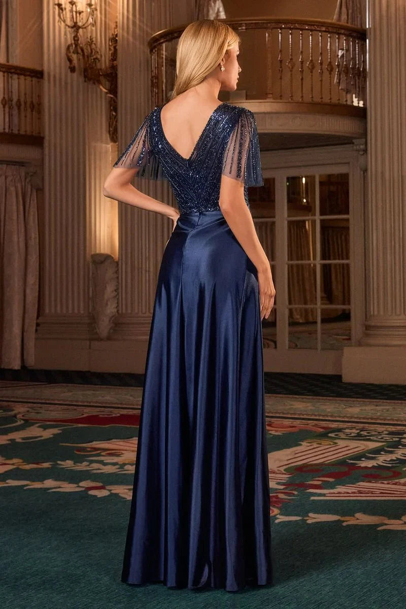 CARMINE GOWN BEADED A LINE DRESS WITH FLUTTER SLEEVES