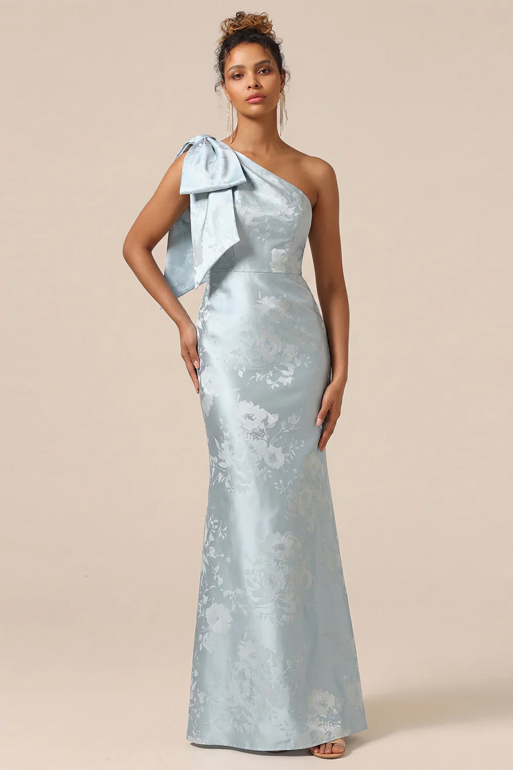 Blush Pink Mermaid One Shoulder Floral Long Bridesmaid Dress with Bow