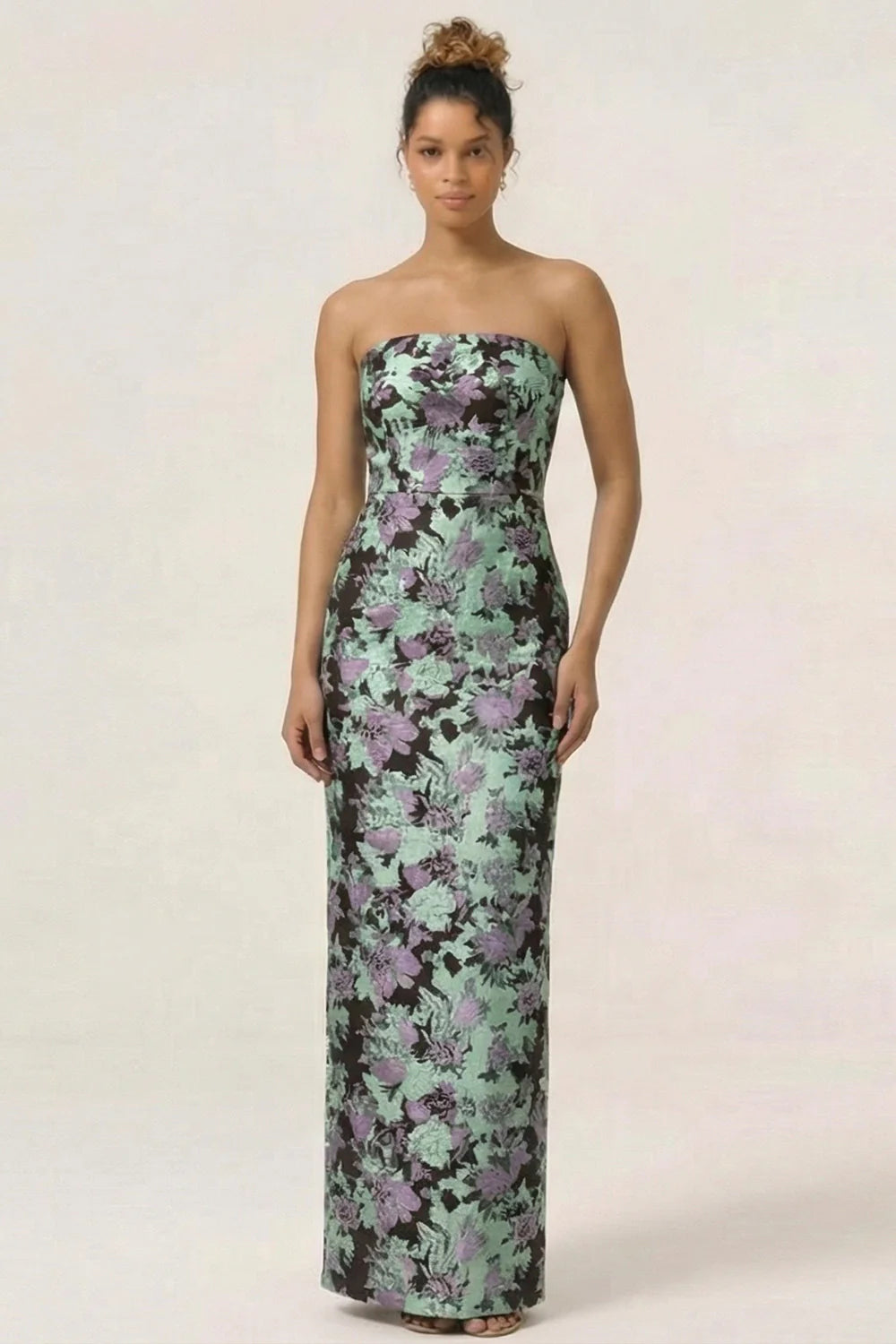 Blue Sheath Strapless White Floral Back Slit Satin Maxi Dress with Pockets