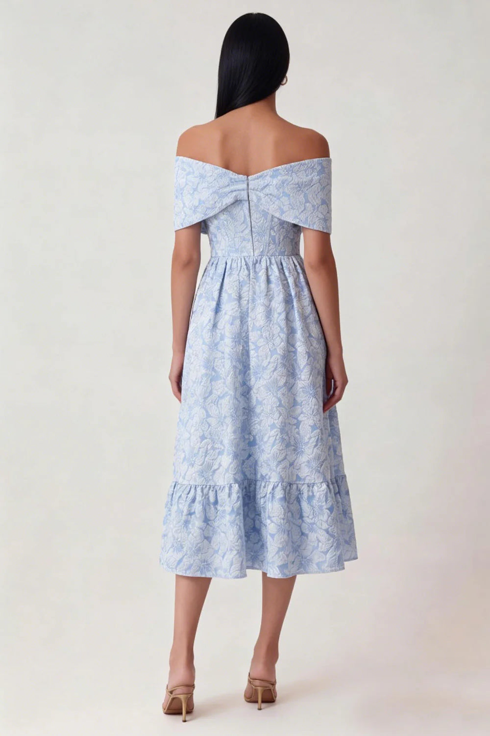 Off the Shoulder Blue Jacquard A Line Midi Wedding Guest Dress