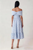 Off the Shoulder Blue Jacquard A Line Midi Wedding Guest Dress