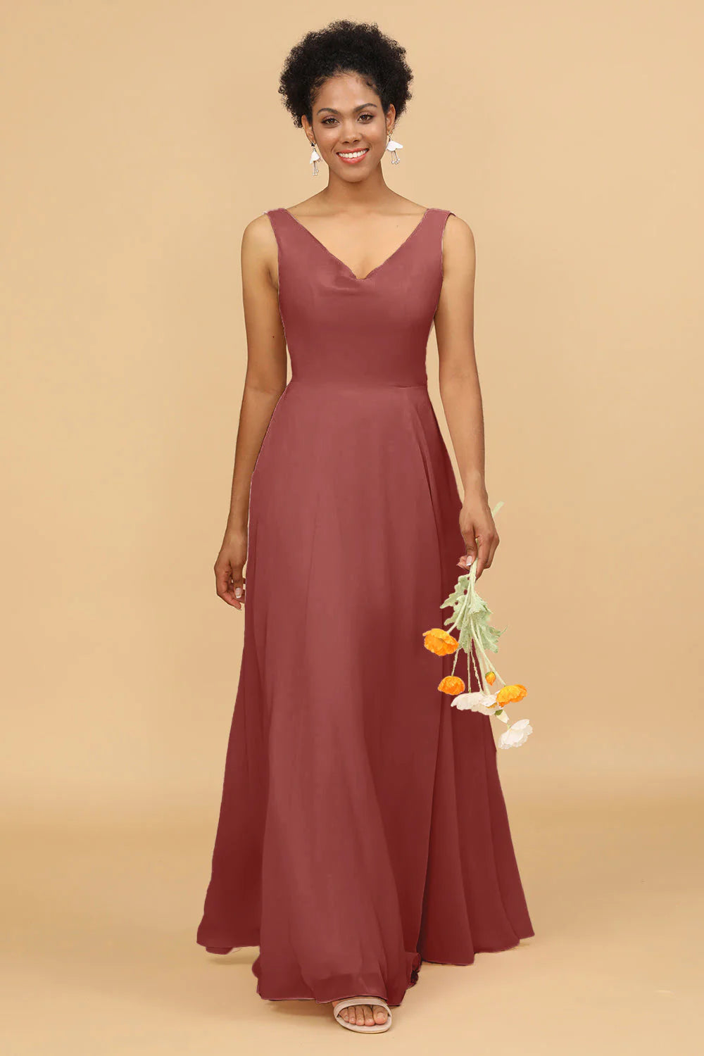 A Line V Neck Backless Chiffon Long Bridesmaid Dress