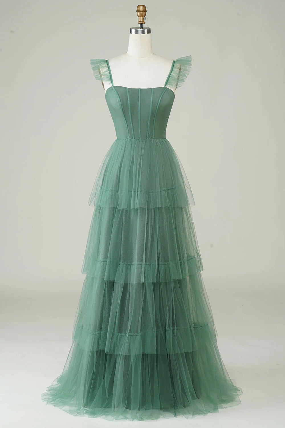 A Line Spaghetti Straps Tiered Floor Length Tulle Purple Bridesmaid Dress