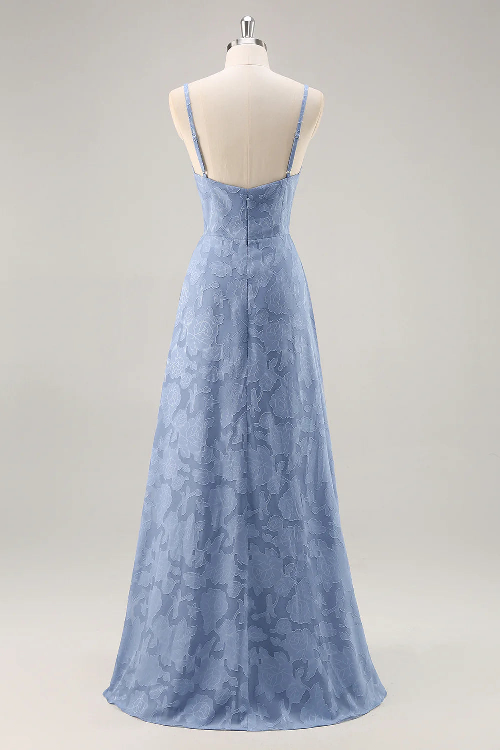 Dusty Blue A Line Floral Burnout Maxi Bridesmaid Dress with Slit