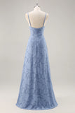 Dusty Blue A Line Floral Burnout Maxi Bridesmaid Dress with Slit
