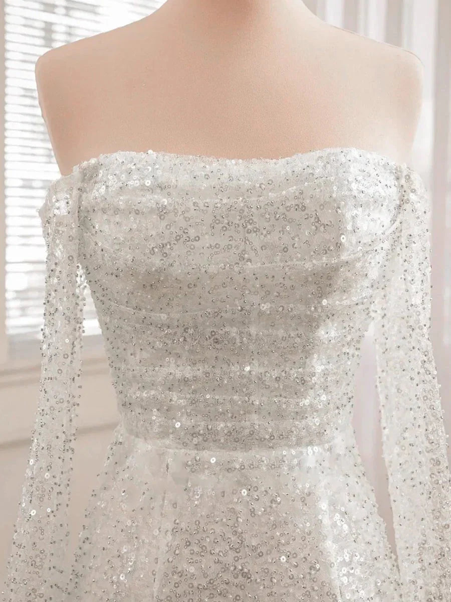Chic Short Sequined Backless Wedding Dress With Long Detachable Sleeves
