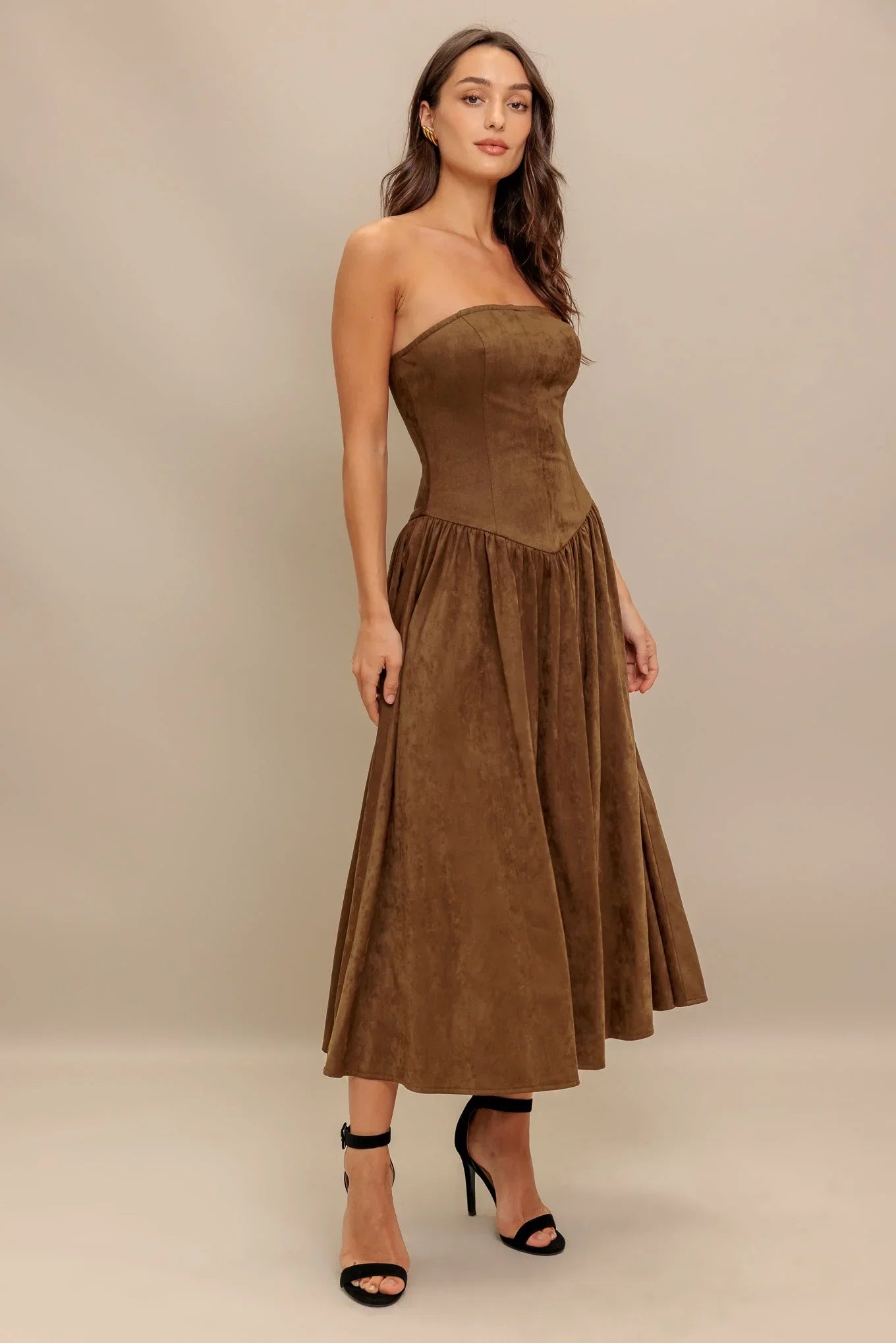WILD ESPRESSO BROWN FAUX SUEDE MIDI DRESS