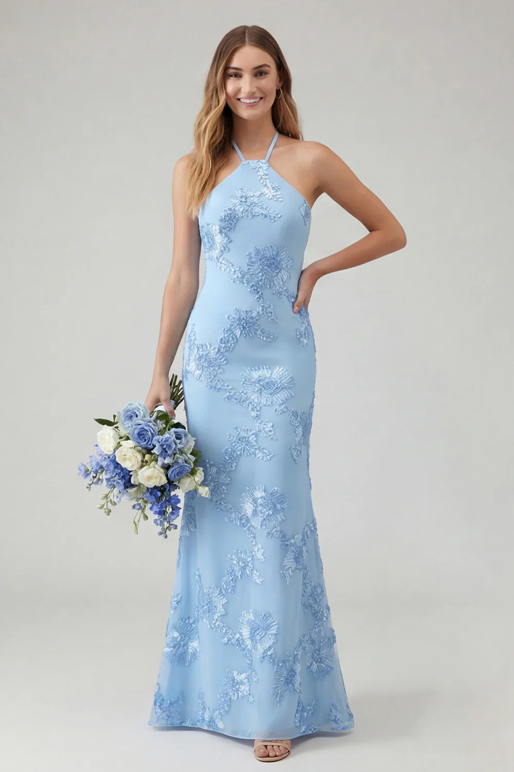 Light Blue Halter Mermaid Open Back Long Prom Dress with Appliques