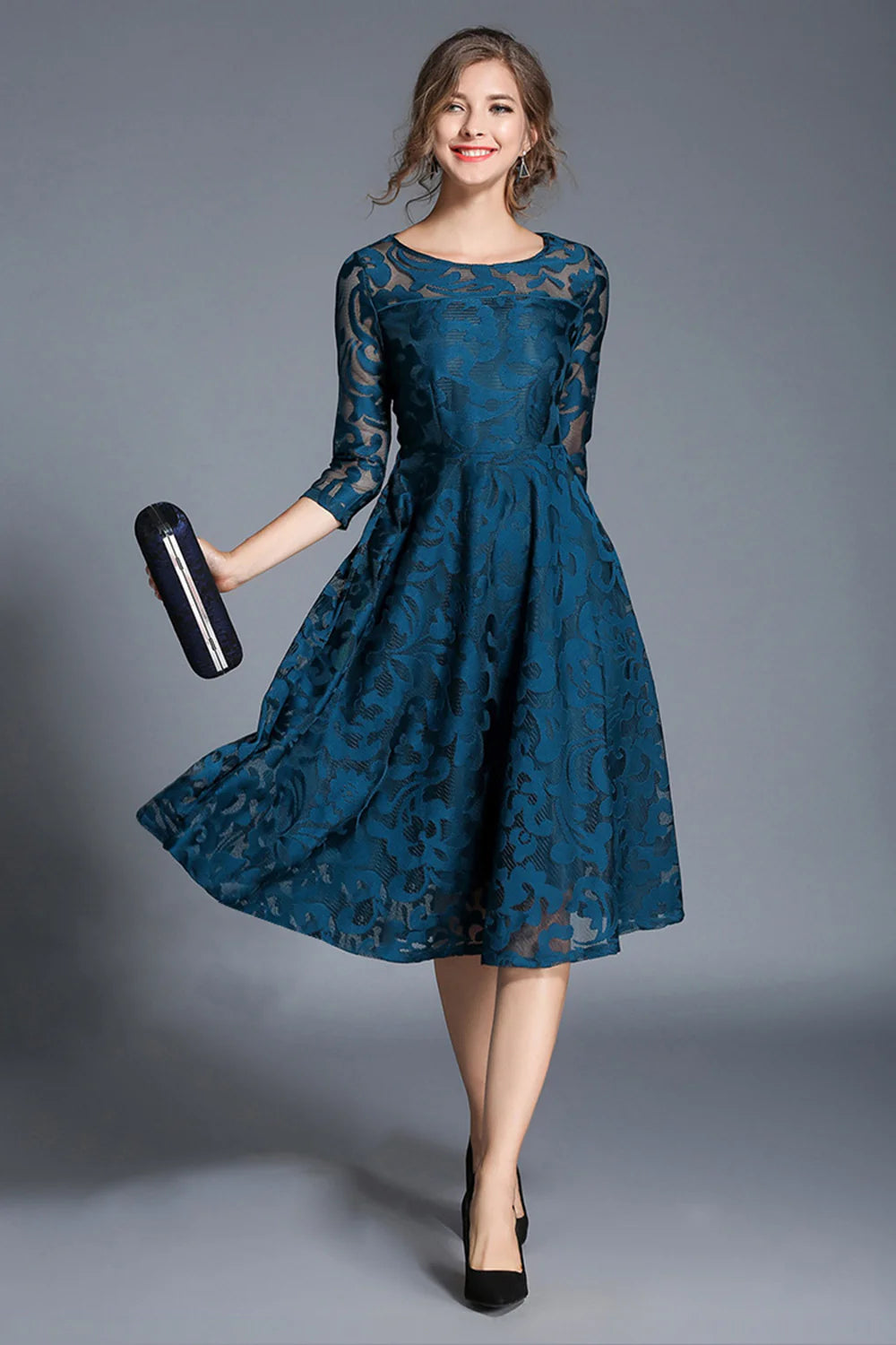Peacock A Line Round Neck Midi Mother Of The Bride Dress with Half Sleeves