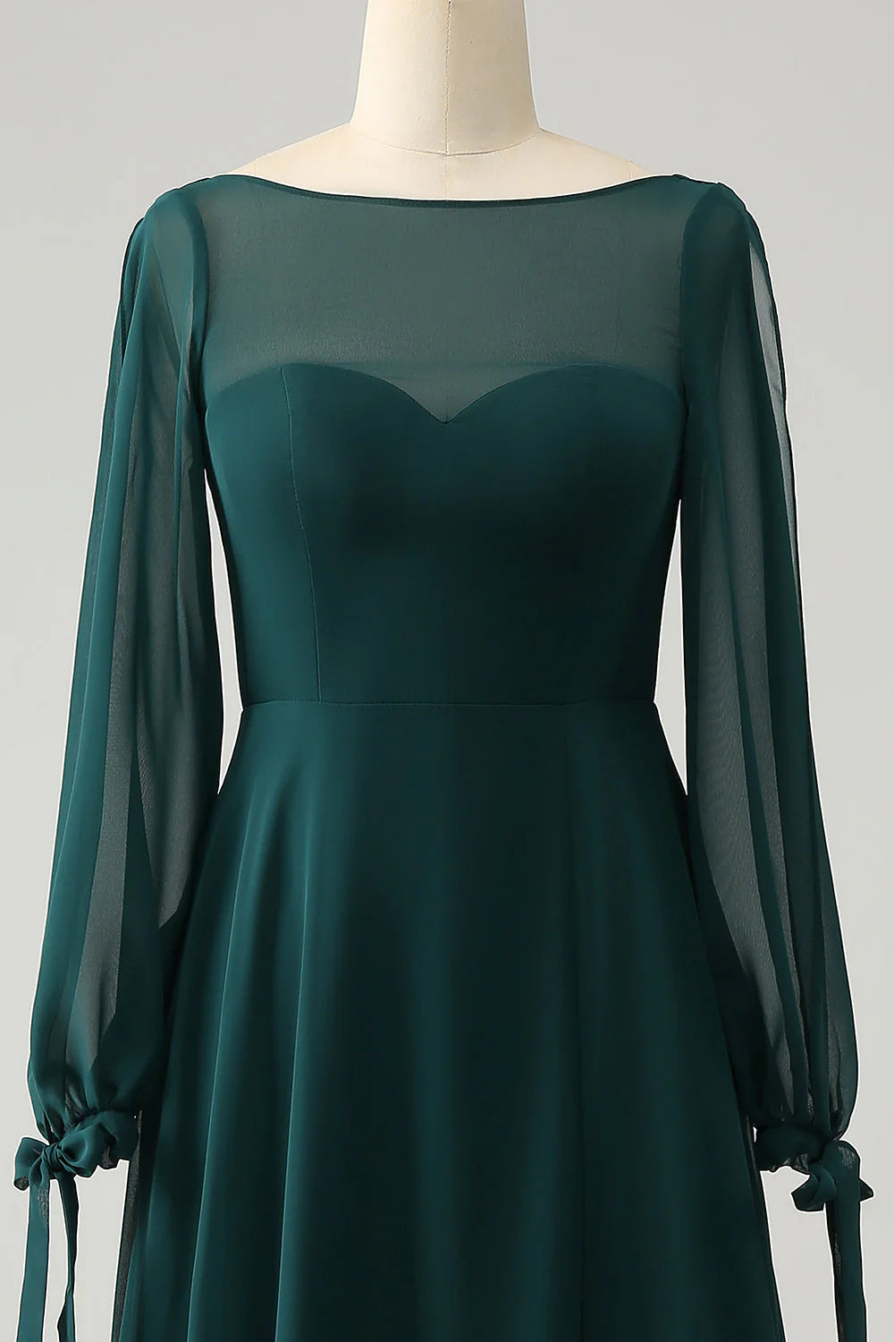 Dark Green A Line Bateau Neck Long Sleeves Chiffon Long Bridesmaid Dress with Slit