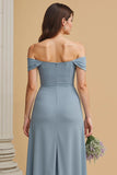Dusty Blue A Line Off The Shoulder Bridesmaid Dress with Slit