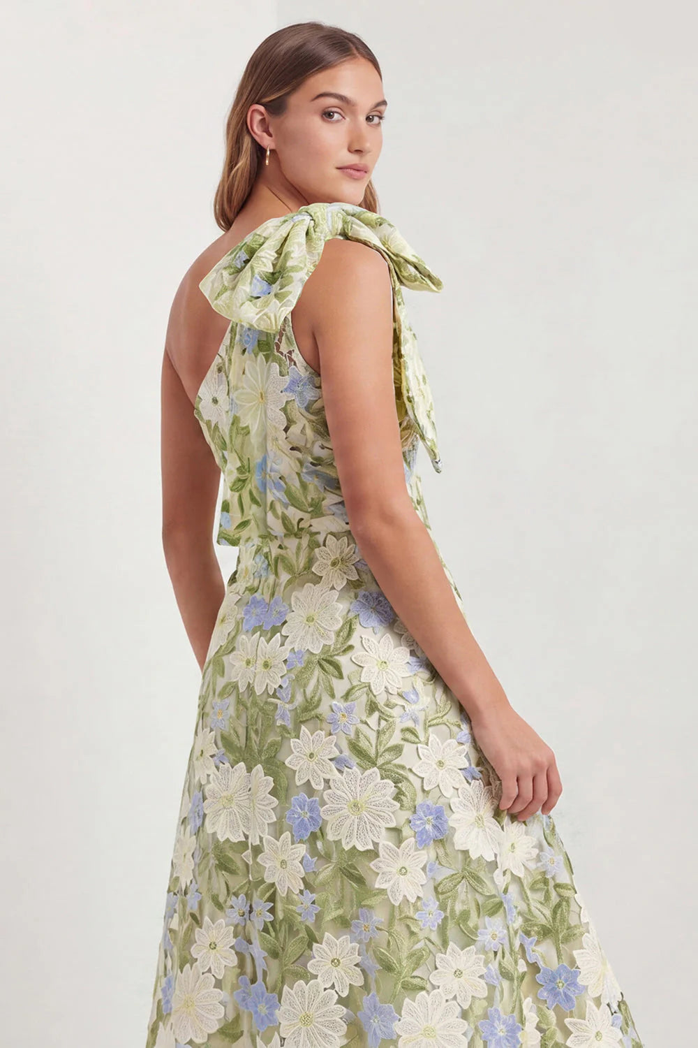 One Shoulder Sage Floral Wedding Guest Dress with Bow