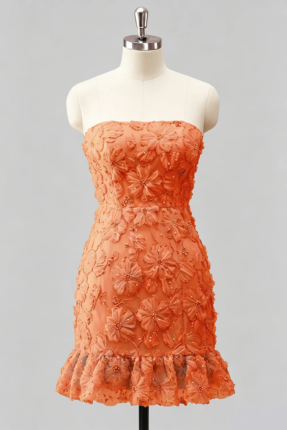 Light Blue Strapless Bodycon Beaded Short Homecoming Dress with 3D Flowers