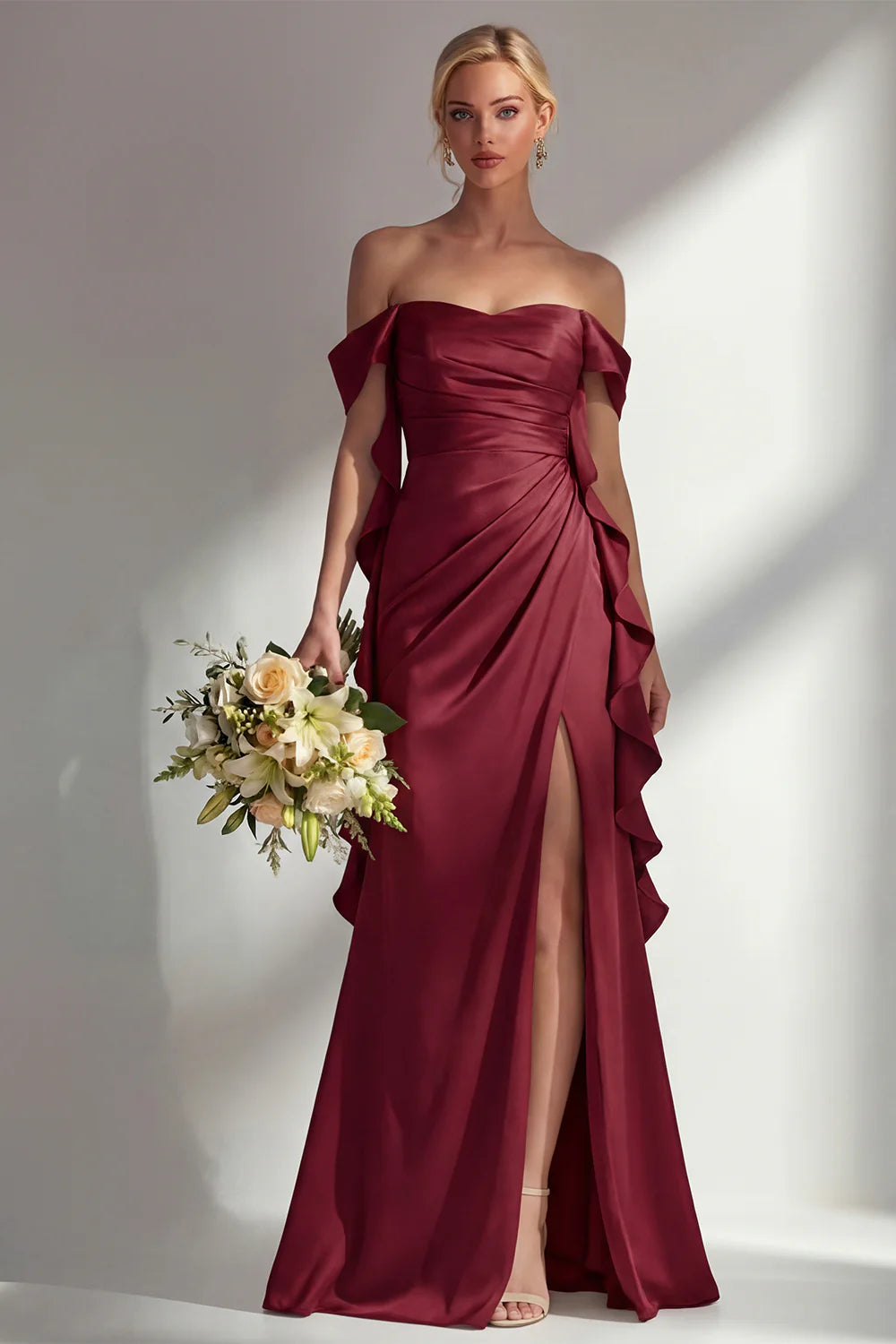 Burgundy Off The Shoulder Mermaid Ruffled Lace Up Back Long Bridesmaid Dress with Slit