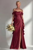 Burgundy Off The Shoulder Mermaid Ruffled Lace Up Back Long Bridesmaid Dress with Slit