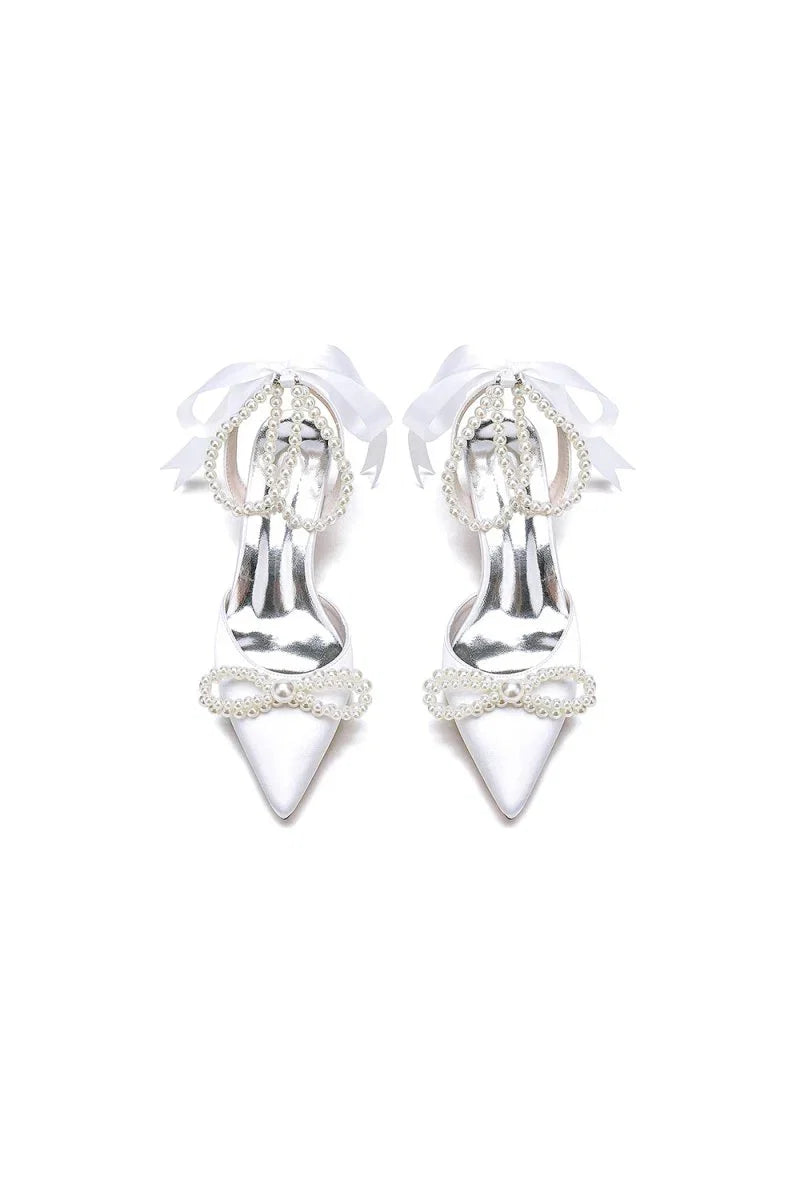 Pointed Toe Pearl Strap with Ribbon Tie
