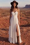 Strapless A Line Ruched Ivory Wedding Dress with Slit