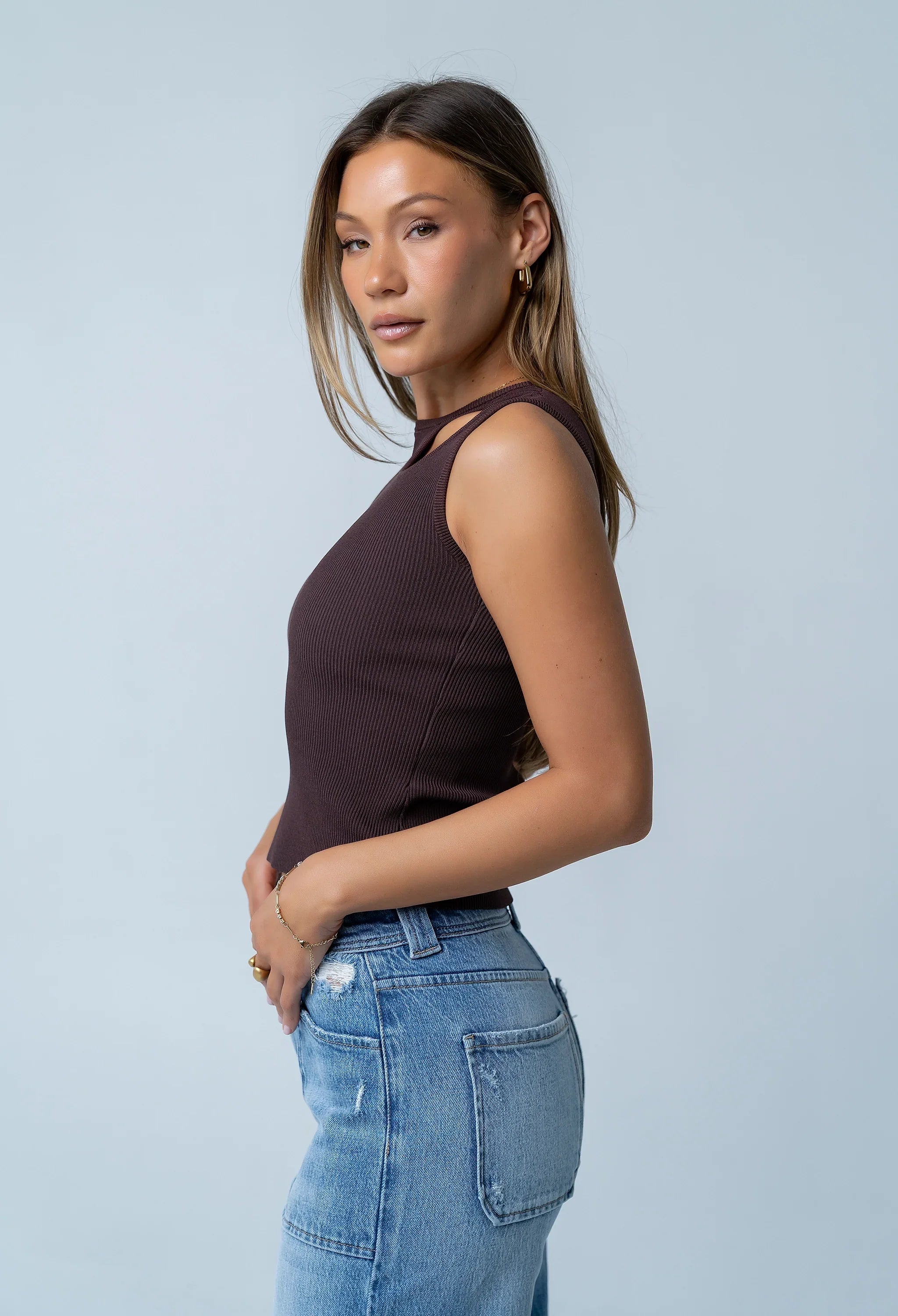 Ollie Cutout Tank Top in Brown