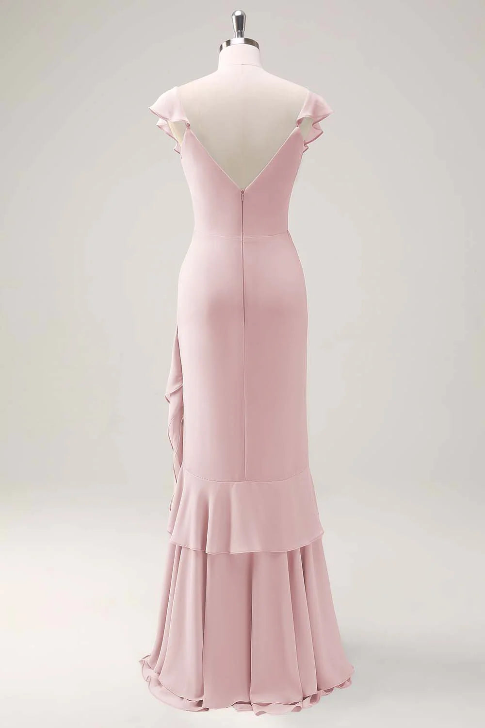 Dusty Sage Sheath V Neck Open Back Chiffon Long Bridesmaid Dress with Ruffles
