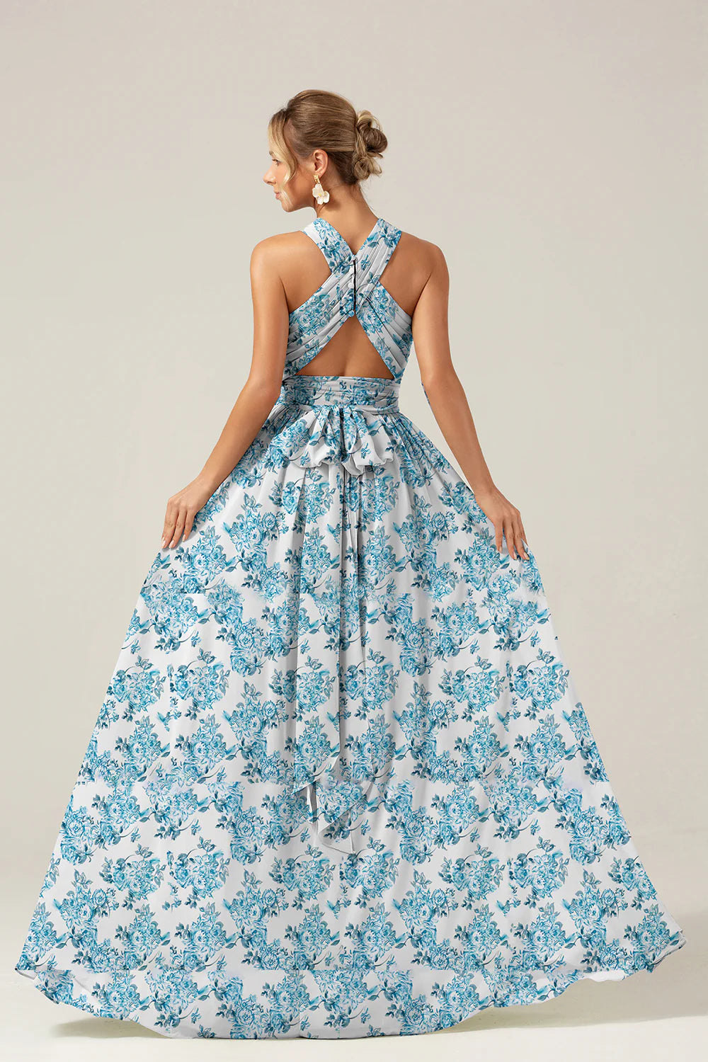 Grey Purple A Line Halter Chiffon Print Floral Long Bridesmaid Dress with Slit