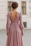 Elegant Vintage Mauve A Line V Neck Long Sleeves Bridesmaid Dress