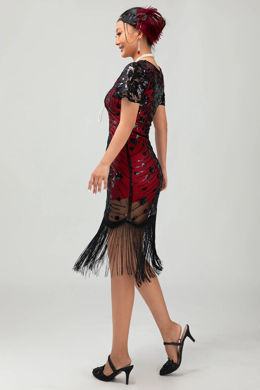 Black Red Fringed 1920s Sequin Flapper Dress