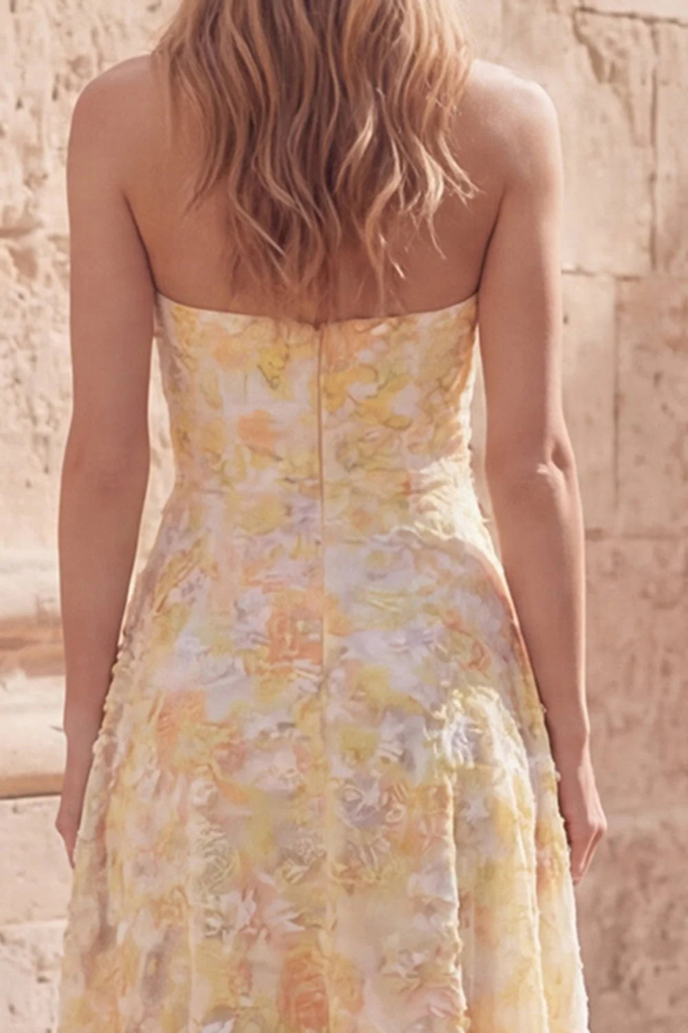 Floral Yellow Strapless High Low A Line Wedding Guest Dress